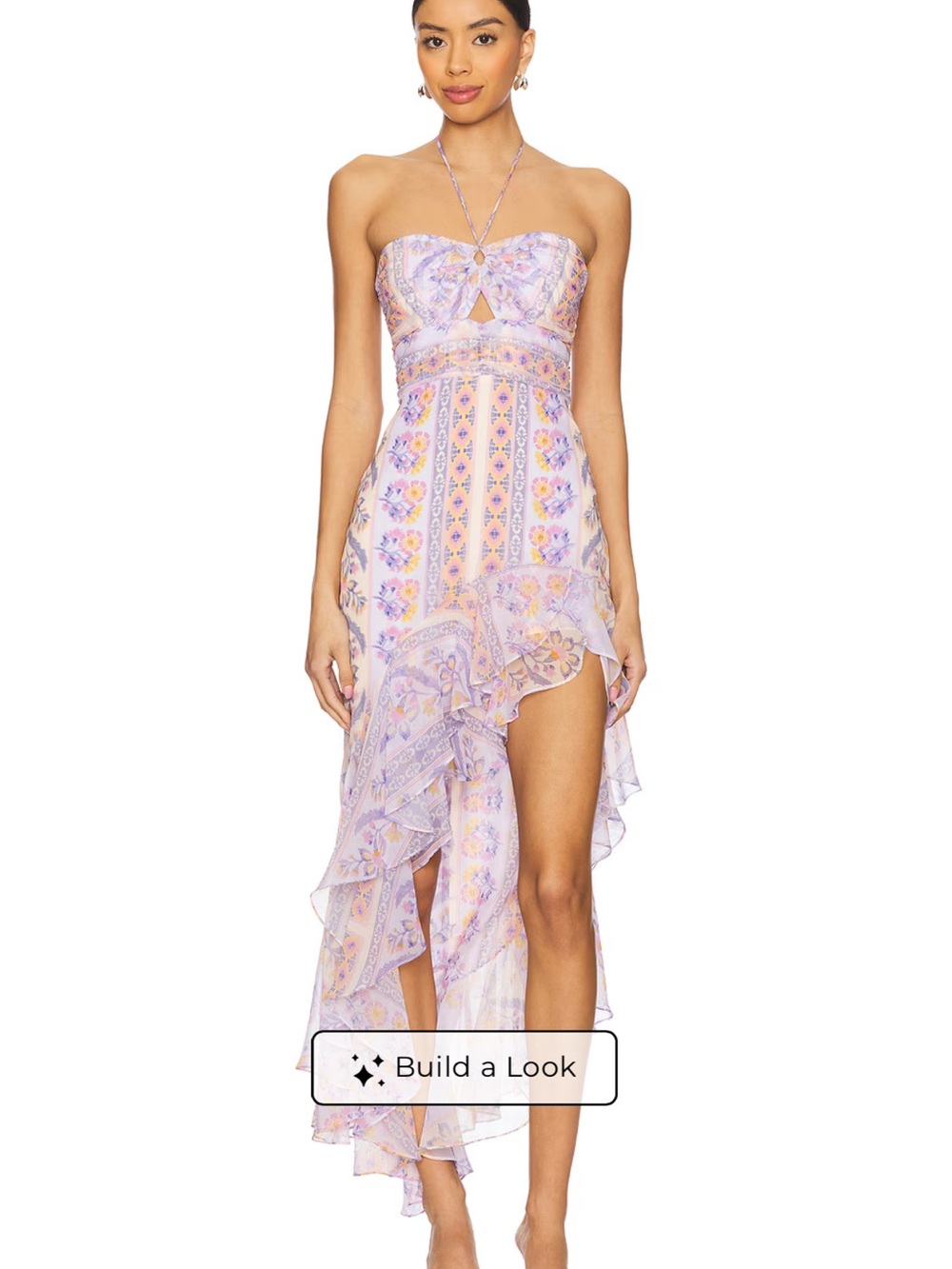 Amanda Uprichard Escada Calabria Print Strapless Lavender Floral Ruffle Midi
